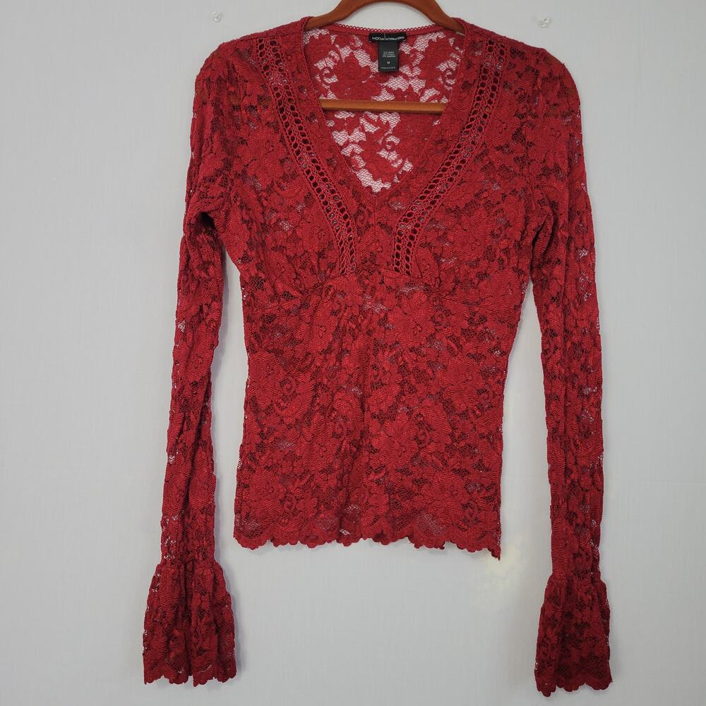 Y2K Sheer Floral Lace Long Bell Sleeve Top sz M Red Fairy Grunge Whimsigoth USA
